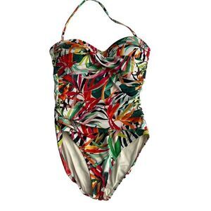 La Blanca Jungle Tropical One Piece Ruched  Sides Colorful Halter Swimsuit sz 6